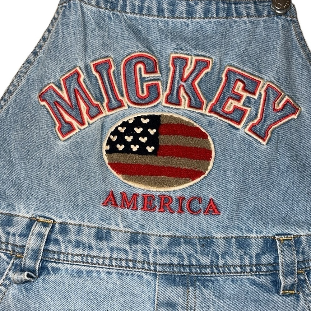 Vintage 90’s Disney Americana Mickey Mouse Flag Denim Jumper Shortalls Medium - Picture 2 of 9